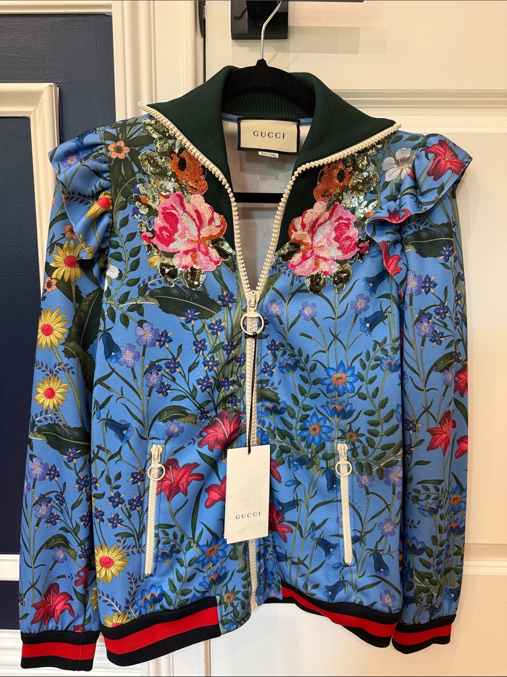 Gucci Light Blue Floral Appliqué Bomber Jacket - Picture 5 of 14